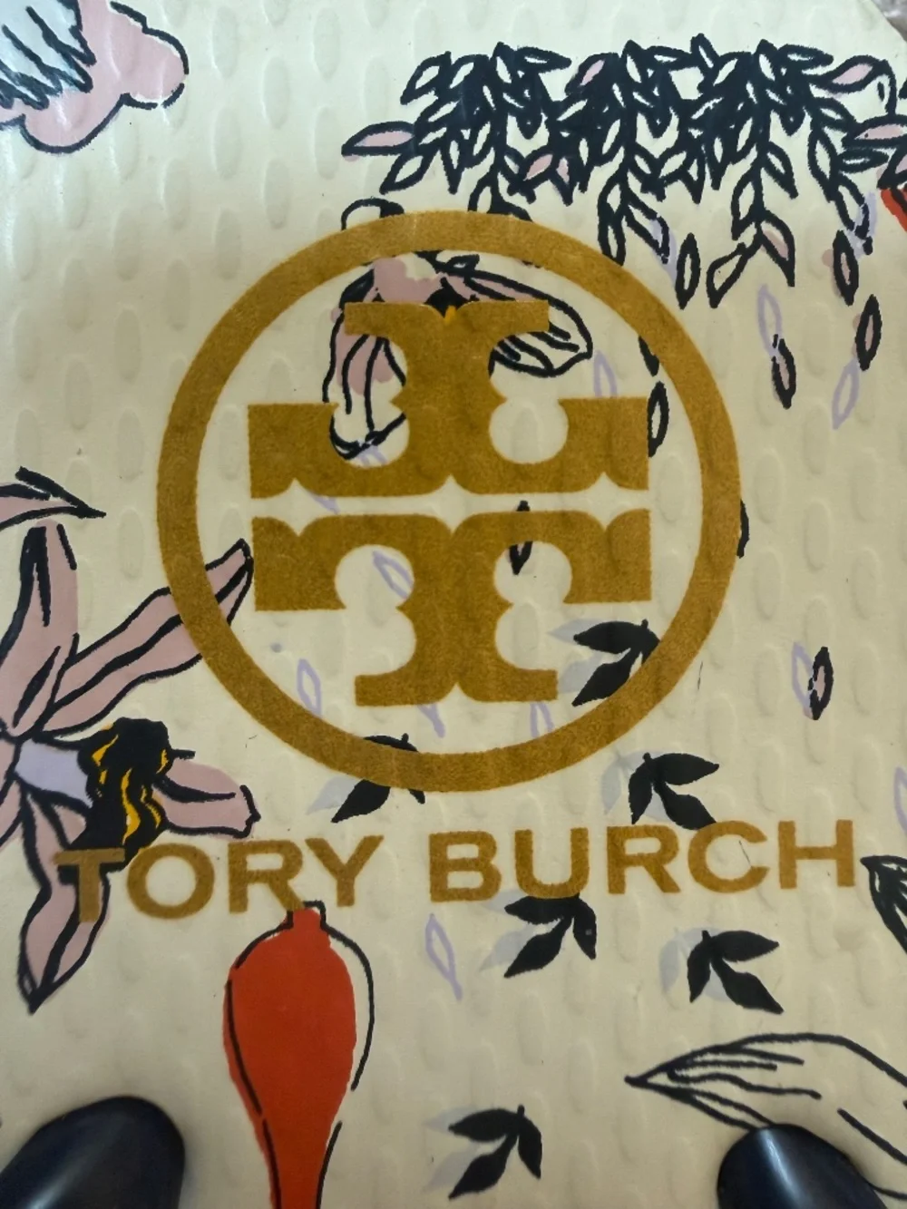 Tory Burch navy “poetry of things” flip flops, size 7 1/2